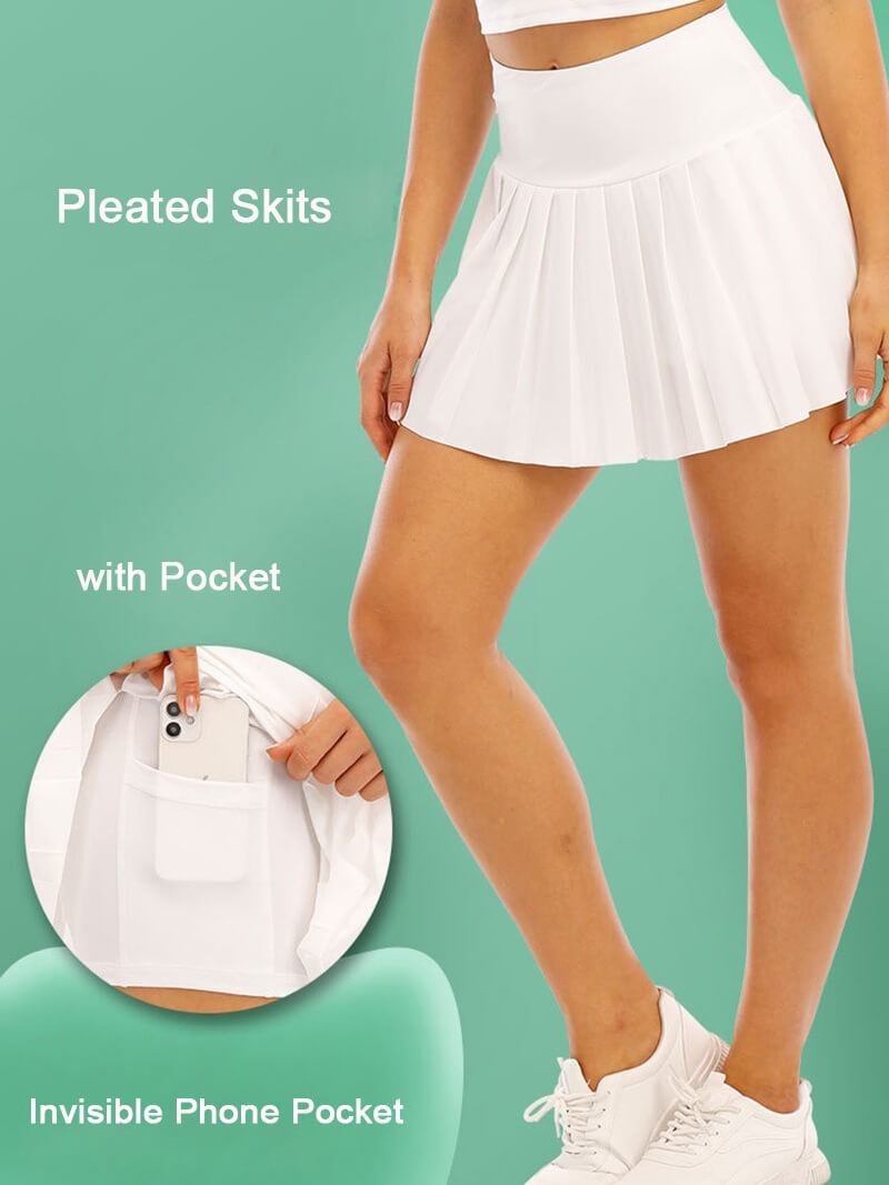 White high waist pleated tennis skirt with pocket, perfect for athletic activities like running and yoga, featuring soft fabric and fit.